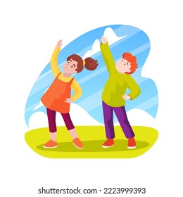 Ilustración vectorial de dibujos animados aislados. Movimiento simple de danza, niños que se mueven con música, sesión de baile para niños, centro de cuidados diurnos de autismo, ejercicio físico divertido, dibujos animados vectores de cuidado infantil.