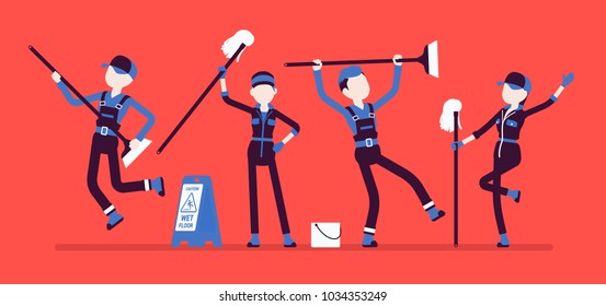 Dancing janitors team. Young people in uniform having fun to clean public areas, cleaning and caring service for home and office. Vector illustration with faceless characters