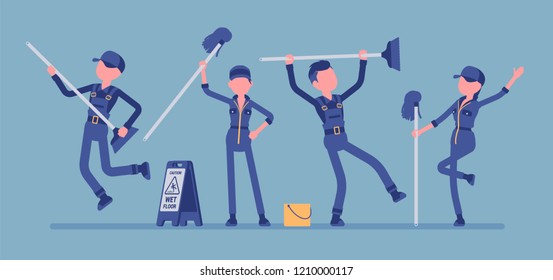 Dancing janitors team. Young people in uniform having fun when clean public areas, cleaning and caring service for home and office, entertain. Vector illustration, faceless characters