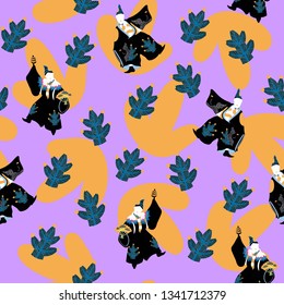 Dancing Japanese sanbaso illustrated seamless pattern by www.danmaridesigns.com. Festive Japanese theater characters & 80s inspired pop-art for fabrics, gift wrapping, stationery, and interior design.