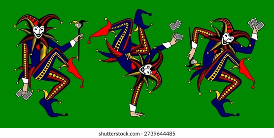 A dancing Joker in a brightly colored suit, holding playing cards in various movements, isolated on a green background. Vector illustration in a vintage 
color engraving style.