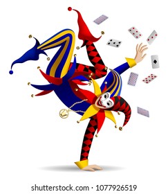Dancing Joker with playing cards on white. Three dimensional stylized drawing. Vector illustration