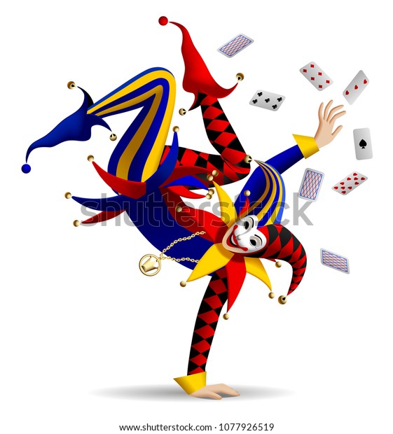Dancing Joker with playing\
cards on white. Three dimensional stylized drawing. Vector\
illustration