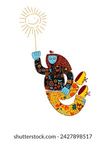 Dancing and Jumping girl. Trend illustration. hand drawing. Not AI, Vector illustration