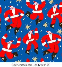 Dancing, jumping happy Santa Claus. Cheerful cute characters. Christmas, New year celebration concept. Cartoon flat style. Hand drawn trendy Vector illustration. Square seamless Pattern, background