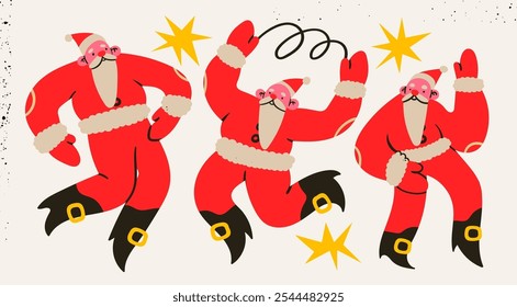 Bailando, saltando feliz Papá Noel. Conjunto de personajes lindos alegres. Navidades, concepto de celebración del año Nuevo. Estilo plano de dibujos animados. Ilustración vectorial de moda dibujada a mano. Elementos de diseño aislados