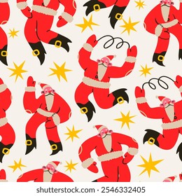 Dancing, jumping happy Santa Claus. Cheerful cute characters. Christmas, New year celebration concept. Cartoon flat style. Hand drawn trendy Vector illustration. Square seamless Pattern, background
