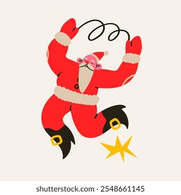 Dancing, jumping happy Santa Claus. Cheerful cute character. Christmas, New year celebration concept. Cartoon flat style. Hand drawn trendy Vector illustration. Isolated design element. Pre-made card