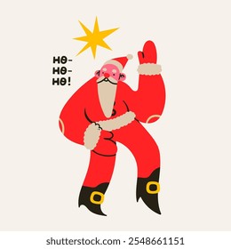 Bailando, saltando feliz Papá Noel. Carácter lindo alegre. Navidades, concepto de celebración del año Nuevo. Estilo plano de dibujos animados. Ilustración vectorial de moda dibujada a mano. Elemento de diseño aislado. Tarjeta prefabricada