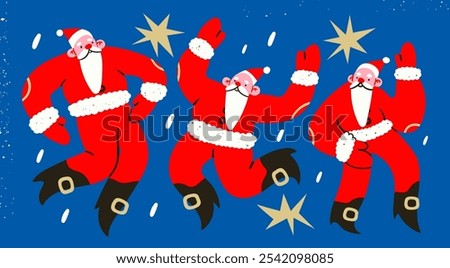 Dancing, jumping happy Santa Claus. Cheerful cute characters set. Christmas, New year celebration concept. Cartoon flat style. Hand drawn trendy Vector illustration. Isolated design elements