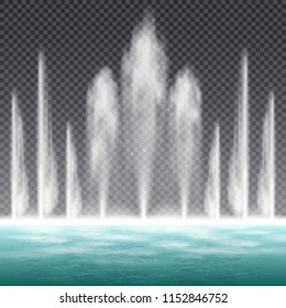Dancing jumping jet fountain with dynamic water shape effect realistic image against transparent background vector illustration 