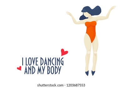 Dancing or jumping plus size woman in retro bikini vector flat illustration self acceptance body positive concept. Overweight girl character in trendy style with I love dancing and my body text.