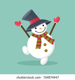 Dancing, jumping snowman in hat, striped red and green scarf and red mittens. Merry Christmas or Happy New Year greeting card, poster, banner, icon. Flat vector illustration in cartoon style