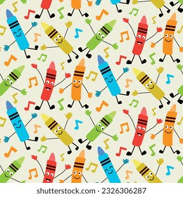 Dancing kawaii Colorful Crayons seamless pattern with music notes in orange, blue, red, green and yellow over white background. For back to school projects and stationary 