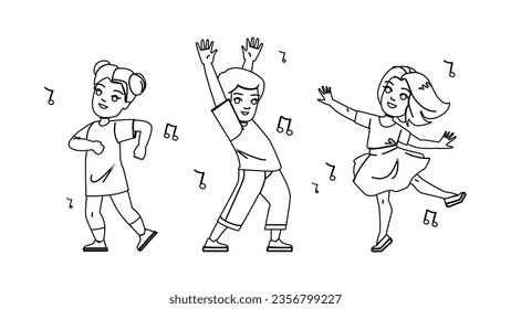 vector de bailes. danza infantil, niña feliz, placer lindo, música infantil, bailarín personaje de baile contemporáneo. ilustración de línea negra de personas