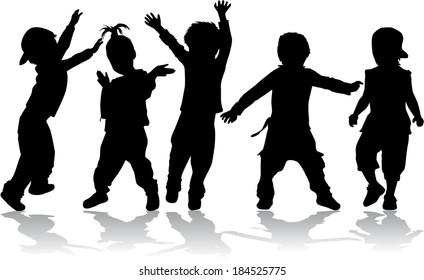 Dancing kids - black silhouettes.