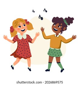 Dancing Kids, Cartoon vector illustration of happy Multicultural children. Flat style vector illustration.