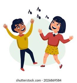 Dancing Kids, Cartoon vector illustration of happy Multicultural children. Flat style vector illustration.