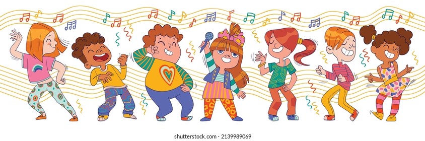 Dancing kids. Colorful cartoon characters. Funny vector illustration. Isolated on white background. Seamless panorama. Set