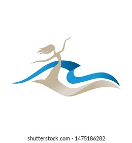 dancing lady beach sand and blue water wave, logo icon