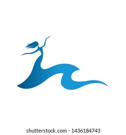 dancing lady and blue water wave, logo icon