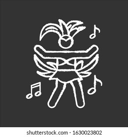 Dancing lady chalk white icon on black background. Samba. Womens carnival costume. Ethnic festival. National holiday. Masquerade parade. Isolated vector chalkboard illustration