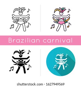 Dancing lady icons set. Linear, black and RGB color styles. Samba. Womens carnival costume. Brazilian carnival. Ethnic festival. National holiday. Masquerade parade. Isolated vector illustrations