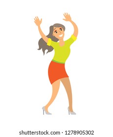 Dancing lady woman shaking body on music isolated vector. Party dancer female having fun on party, showing moves. Nightlife of lady in skirt and sweater