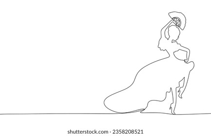 Dancing Latin woman one line continuous banner. Line art festival concept banner. Outline vector illustration.