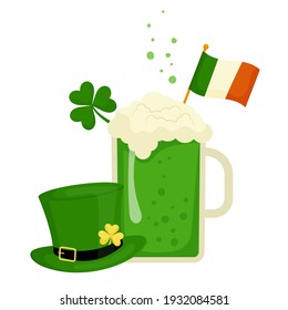 Cóctel de leprechaun bailable decorado con trébol de champú y la bandera de Irlanda. Un sombrero de leprechaun. Ilustración vectorial del Día de San Patricio, aislada en un fondo blanco.