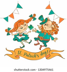 Dancing leprechaun and girl St. Patrick's day card. Vector. 
