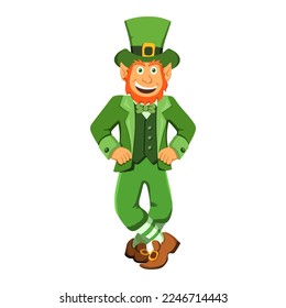 Un leprechaun bailarín interpreta un baile irlandés. Un irlandés con barba roja y feliz con un traje verde y sombrero sonriente. Ilustración vectorial de un personaje de cuento de hadas