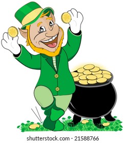 Dancing leprechaun with pot of gold. Vector.