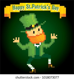 dancing leprechaun. St.Patrick 's Day greteeng card. Pixel art. Old school computer graphic style. Games elements.