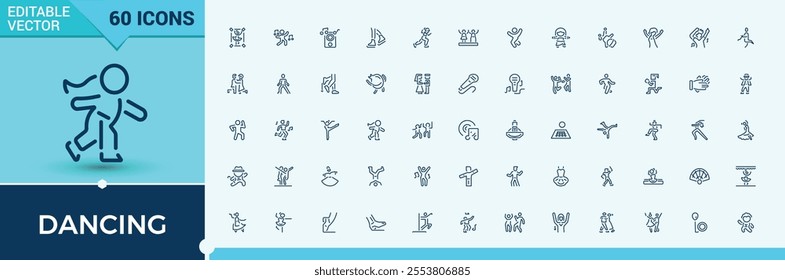 Dancing line icons set. Containing party, pose, female, woman, class, ballet and more. Minimal linear icons. Vector illustration.