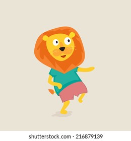 Dancing lion in stylish modern human clothes on beige background. 