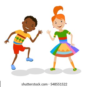 Dancing of little cartoon fun kids in colorful clothes