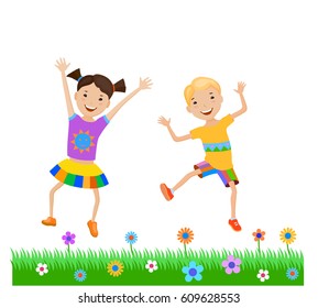 Dancing of little cartoon fun kids in colorful clothes