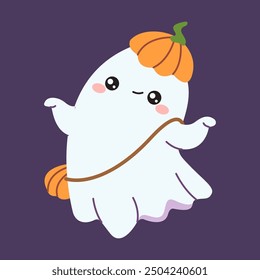 Dancing little ghost with pumpkin accessories flat color vector illustration. Pretty childish spirit Halloween character icon on purple background