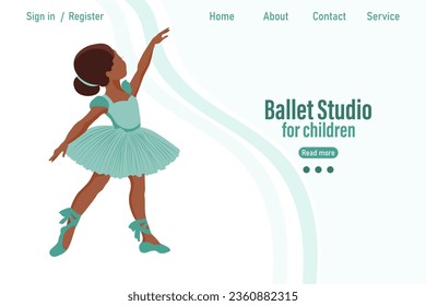 Tanzende kleine Mädchen Ballerina auf Hintergrund mit Text Ballet Studio für Kinder. Banner, Web-Illustration, Poster, Vektorgrafik	
