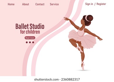 Bailando bailarina bailando sobre el fondo con estudio de ballet de texto para niños. Banner, ilustración web, afiche, vector	
