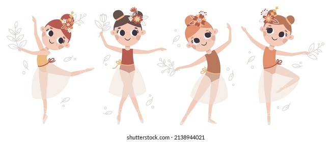 Dancing little girl ballerinas with flowers, leaves, plants and floral elements  in trendy boho colors.