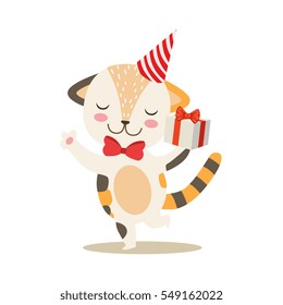 Dancing Little Girly Cute Kitten With Birthday Present Wearing A Party Hat, Cartoon Pet Character Life Situation Illustration