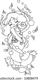 Dancing little mermaid with bubbles and notes. Flat, cartoon characters, ocean and sea, coloring outline