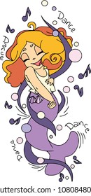 Dancing little mermaid with bubbles and notes. Flat, cartoon characters, ocean and sea