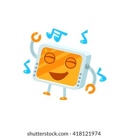 Dancing Little Robot Character Simple Flat Vector Icon In Childish Cute Style Isolated On White Background