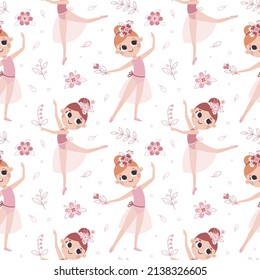 Dancing little vector girl ballerinas seamless pattern with flowers, leaves, plants and floral elements in trendy colors.
