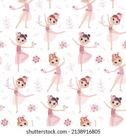 Dancing little vector girl ballerinas seamless pattern with flowers, leaves, plants and floral elements in trendy colors.