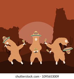 Dancing llamas in a Mexican hat with maracas Vector Illustration EPS10