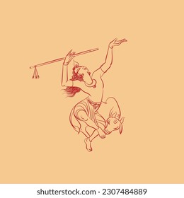 dancing lord krishna and cow line illustration for krishna janmashtami